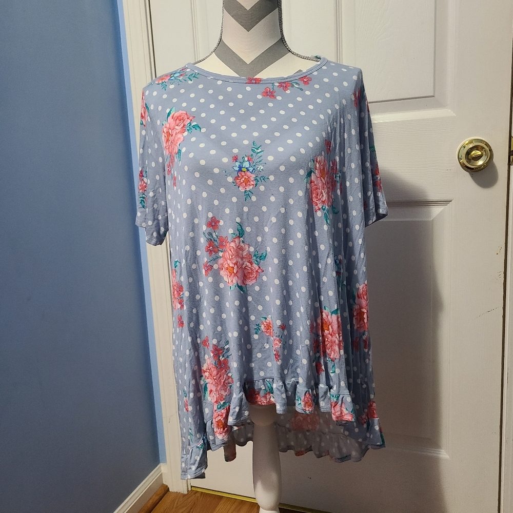 Polka-dot Floral Print Top Size 1X